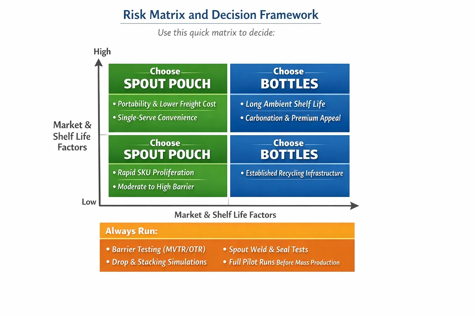 liquid food packaging - spout pouch vs bottle decision martix